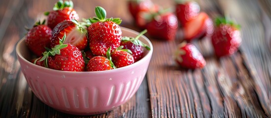 Sticker - Selective focus is applied to a pink bowl brimming with fresh strawberries placed on a wooden table, creating a visually appealing copy space image.