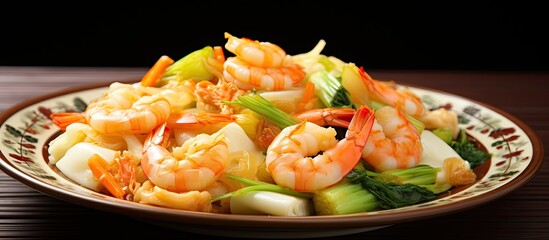 Canvas Print - Egg stir-fried with shrimp and bitter melon in Chinese cuisine, shown in a photo with available space for text, called a copy space image.