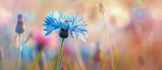 Sticker - A single cornflower (Centaurea Cyanus) blooming in a meadow with pastel hues, set in a horizontal layout against a large backdrop for copy space image.