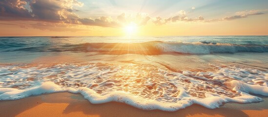 Poster - Sunset or dawn at the beach with waves over hot sand offers a serene summer backdrop with room for text or ads within the image.