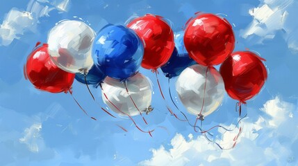 Poster - Illustrate a magical scene of clouds forming into a cluster of colorful balloons, drifting lazily through the sky on a