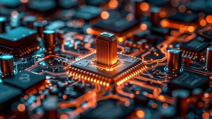 Leinwandbilder - A close-up of a circuit board with a processor glowing brightly, surrounded by other components and intricate wiring.