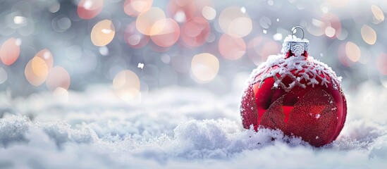 Canvas Print - Bauble ornament in the snowy scene with copy space image.