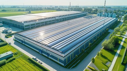 Aufkleber - Clean energy solar cell on roof mega factory, Summertime sun, The roof of this factory is covered with many solar panels, a lot of green space around, Aerial high view. Generative AI.