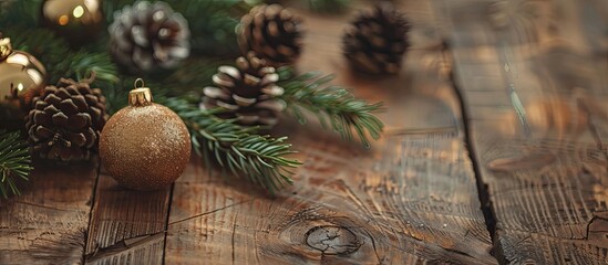 Poster - Christmas decorations like a ball, pine cones, and a pine branch are arranged artistically on a wooden table with copy space image.