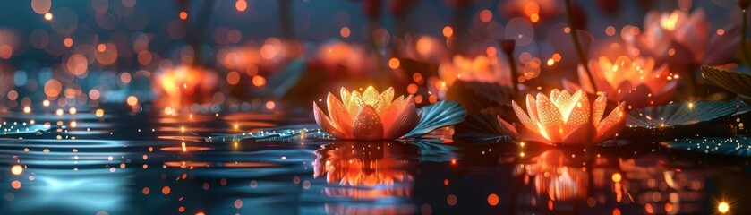 3D illustration of a futuristic Loy Krathong festival with holographic lanterns and glowing krathongs, modern and festive