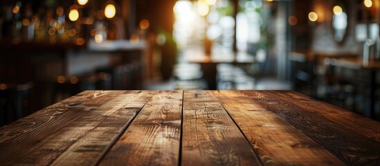 Poster - Brown wooden table with shallow depth of field in a cafe setting, suitable as a copy space image for product displays or photomontages.