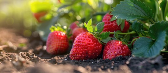 Sticker - A close-up view of ripe gourmet strawberries in an organic garden with a copy space image available.