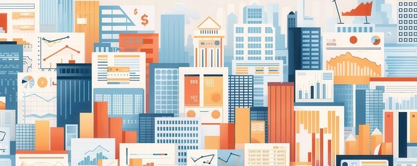 A cityscape with a lot of skyscrapers and financial charts and graphs.