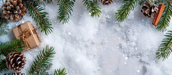 Poster - Top-view Christmas scene with a border and copy space image features green pine branches, cones, a gift box atop snow.