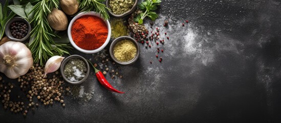 Poster - Basic cooking essentials like pepper, salt, rosemary, spices, and herbs set against a dark concrete background with copy space image.