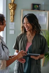 Wall Mural - A highly realistic portrait of a mixed-race dietitian assisting a patient in choosing the best diet plan, holding a tablet in hand