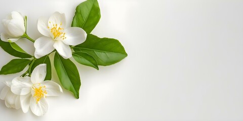 Wall Mural - Delicate neroli flower scent on soft white background elegant and calming. Concept Neroli Flower, Fragrance Photography, Soft Aesthetics, Calming Vibes, Elegant Design