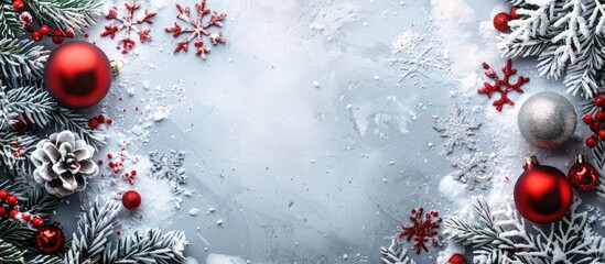 Poster - Festive winter border featuring decorative baubles, snowflakes on a grey background. Perfect for Christmas and New Year compositions with a flat lay design and space for additional images.