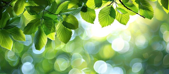 Aufkleber - Vivid green tree leaves set against a bokeh background offer copy space image with lush foliage illuminated by sunlight in a sunny day, creating a natural green scenic backdrop with abstract texture.