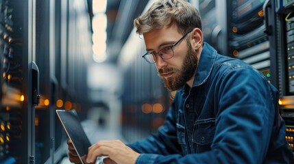 Aufkleber - An engineer maintains server equipment with a laptop in a bright room. His task is to improve information security on the network. Generative AI.