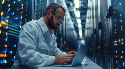 Aufkleber - An engineer maintains server equipment with a laptop in a bright room. His task is to improve information security on the network. Generative AI.