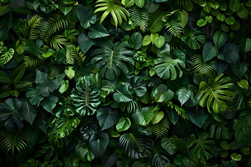 Wall Mural - Dark green plants growing in a lush foliage background of tropical leaves like anthurium, epiphytes, or ferns, forming a beautiful green plant wall design in a cloud forest.