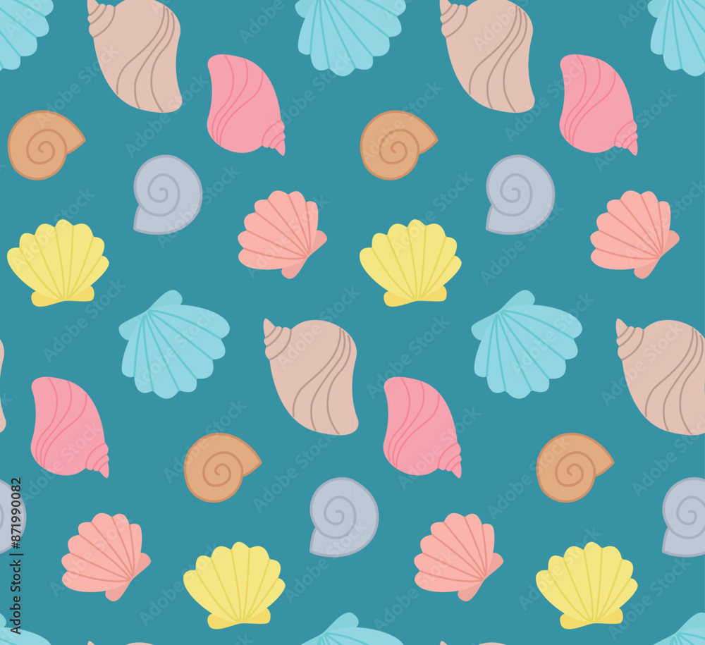 Seamless pattern with cute sea shells on blue backdrop. Vector colorful ...
