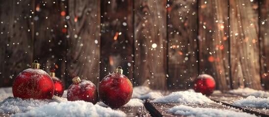 Poster - Snow-covered ground with Christmas balls against a rustic wooden backdrop, featuring a copy space image.