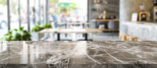 Wall Mural - Empty table space with a grey Emperador marble stone tabletop on a blurred cafe minimal kitchen counter in a bright color mood for product display with copy space image.