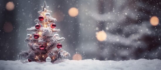 Poster - Festive Christmas tree adorned with silver and red ornaments, surrounded by a snowy effect with a soft focus, creating a concept with copy space image.