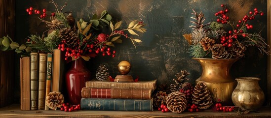 Poster - A festive display of Christmas decorations alongside books, creating a cozy holiday ambiance with a charm perfect for a copy space image.