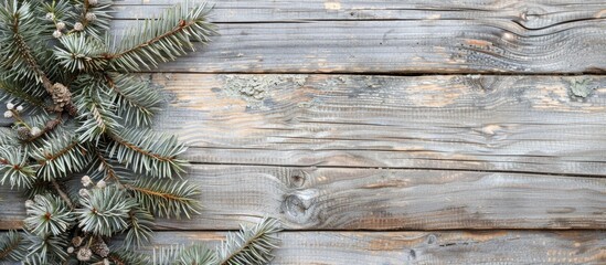 Poster - Fir tree branches on aged wooden surface create a festive Christmas backdrop with a distressed wood texture, ideal for text placement in images.
