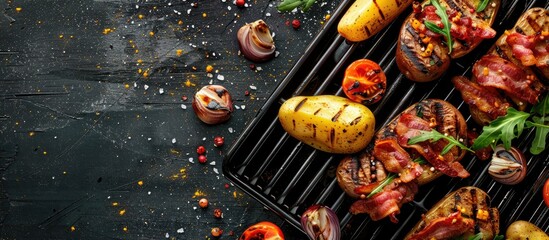 Sticker - Grilled potato and bacon on a gas grill, a barbecue meal with a copy space image, displaying healthy food options.