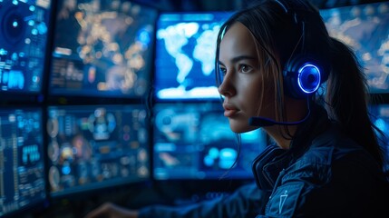 Leinwandbilder - A woman wearing a headset and looking intently at a bank of computer monitors displays data and graphs, likely monitoring security systems at night.