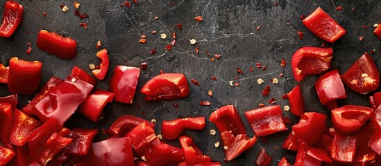 Sticker - Close-up of red pepper pieces on a dark backdrop, with empty space for additional images.