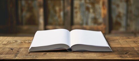 Poster - Wooden table displaying a notepad with empty white pages, offering ample copy space image.
