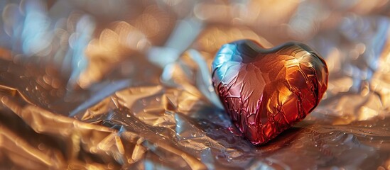 Wall Mural - A colorful chocolate heart lies on a Valentine's Day-themed wrapper, suitable for a copy space image.