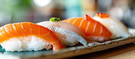 Poster - Close-up shot of a Nigiri set featuring mackerel, sea bass, and salmon on a plate in a sushi bar with a high-quality copy space image.