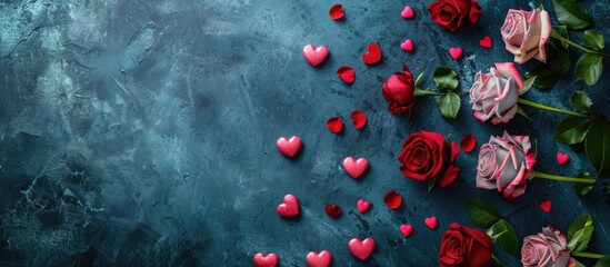 Wall Mural - Creative top view composition with Valentine's Day roses, hearts, and a natural background, ideal for text placement in a flat lay copy space image.