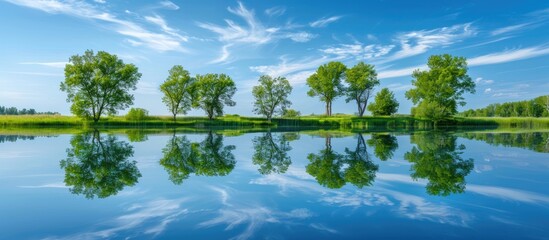 Poster - A serene summer scene of trees mirrored in a lake with copy space image available.