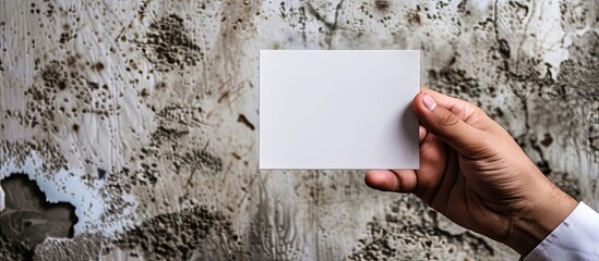 Poster - Man holding white card with close-up hand against concrete wall with copy space image.