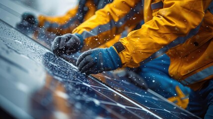 Technicians installing solar panels on a rooftop, harnessing renewable energy