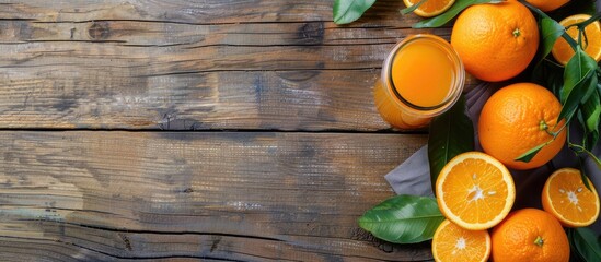 Sticker - Close-up of delicious fresh oranges and juice on a wooden table with copy space image available.