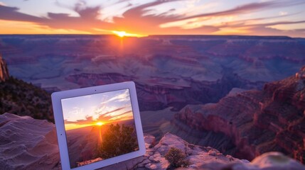 Wall Mural - A white ipad pro screen opening to a panoramic view of the Grand Canyon at sunset