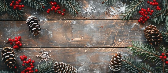 Poster - Image conveying a festive ambiance with pine branches, rowan berries, snowflakes, and pine cones on an aged wooden backdrop, offering ample copy space.