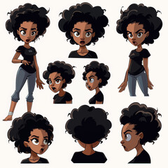 Cartoon Illustration of a Young Black Woman With Various Facial Expressions