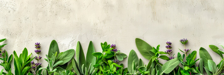 Wall Mural - Fresh Green Herbs and Flowers Against Rustic Neutral Background for Natural Themed Designs