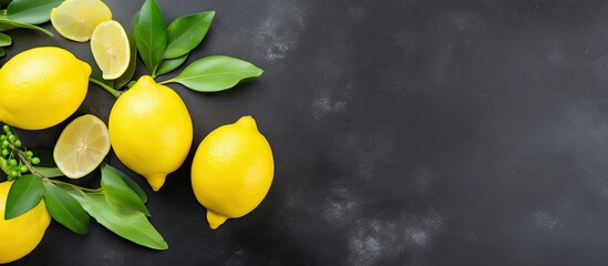 Wall Mural - Top view of fresh lemons placed on a grey background with ample copy space image available.