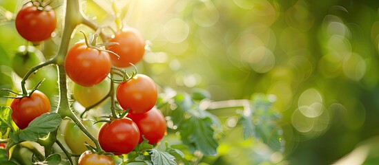 Aufkleber - Selective focus on red tomatoes growing on branches with copy space image available.