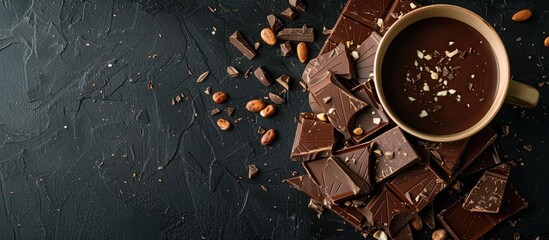 Poster - Close-up of a pile of dark chocolate with nut pieces on a black surface with a cup of cacao and a copy space image.