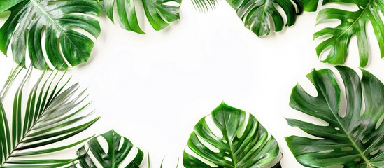 Leinwandbilder - An aerial perspective of tropical palm leaves and a Monstera plant on a white backdrop, showcasing a designated area for additional content like text or images.