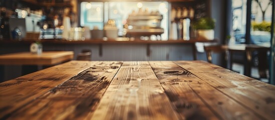Poster - Focus on an empty wooden table with a blurred coffee shop background featuring bokeh effect for product display with copy space image.