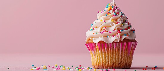 Poster - A cupcake adorned with colorful sprinkles, showcasing a delightful appearance against a blank background in a copy space image.