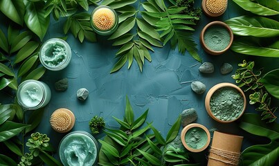 Wall Mural - natural organic spa cosmetic products set, green leaves top view herbal skincare beauty products on blue background banner mockup for eco shop or beauty salon.stock image